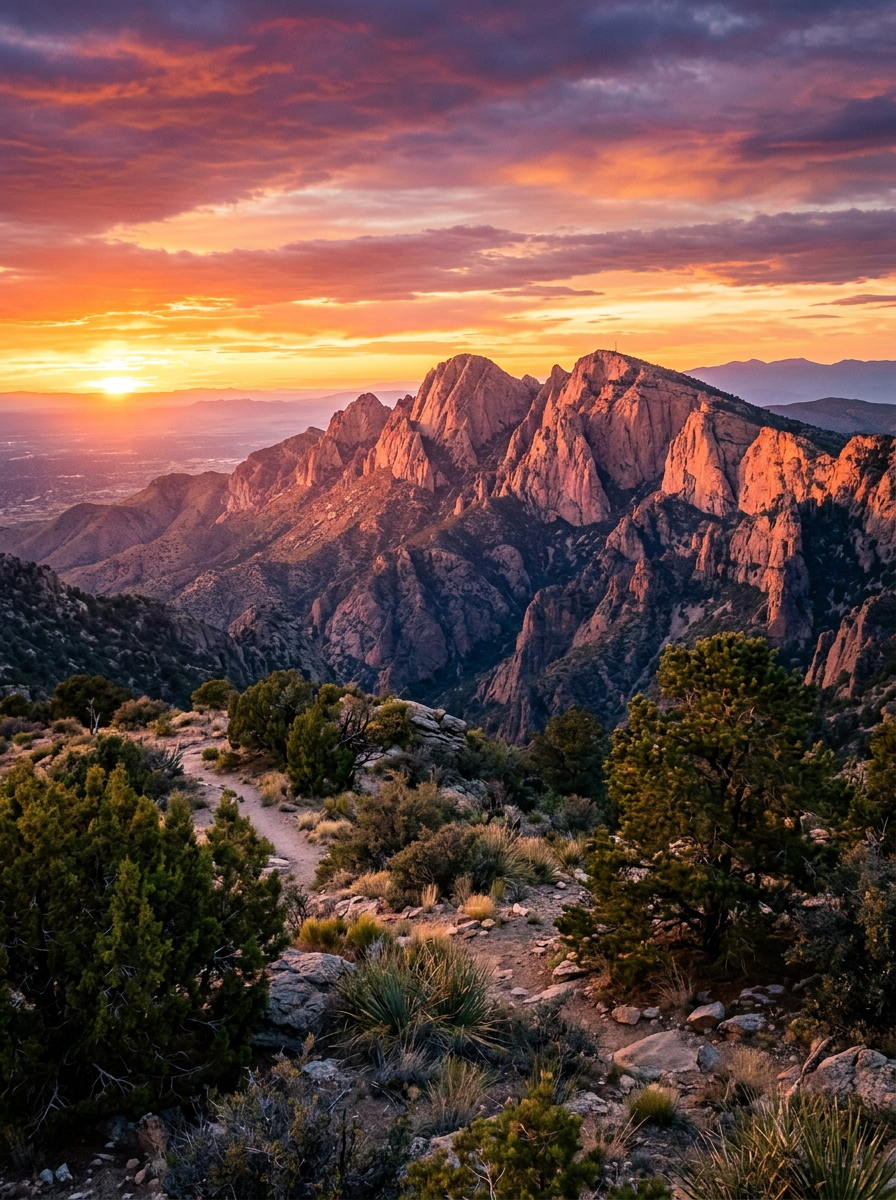 Sandia Mountains at sunset over the high desert